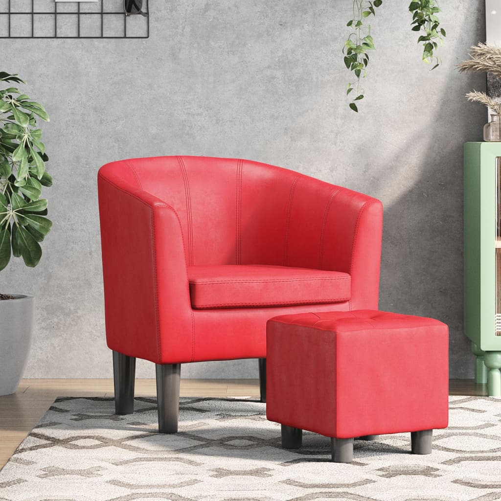 Red synthetic leather armchair with stool V6681 Vetonek