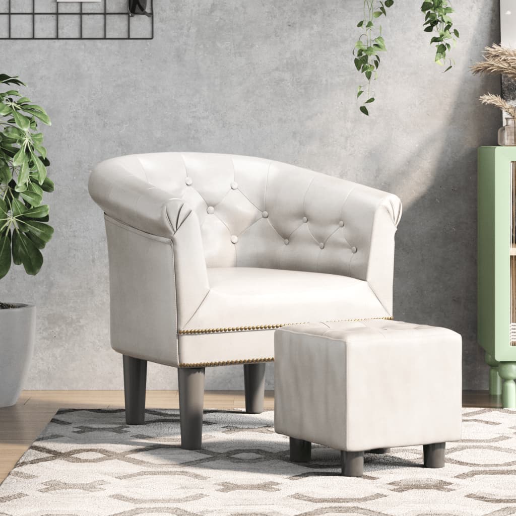 Vetonek Sillón con taburete cuero sintético blanco