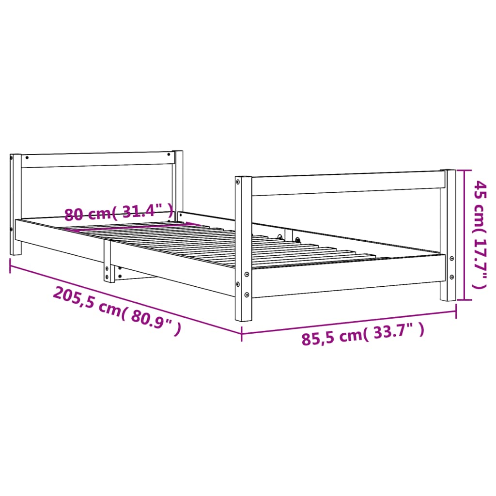 Black pine wood bed structure 80x200 cm