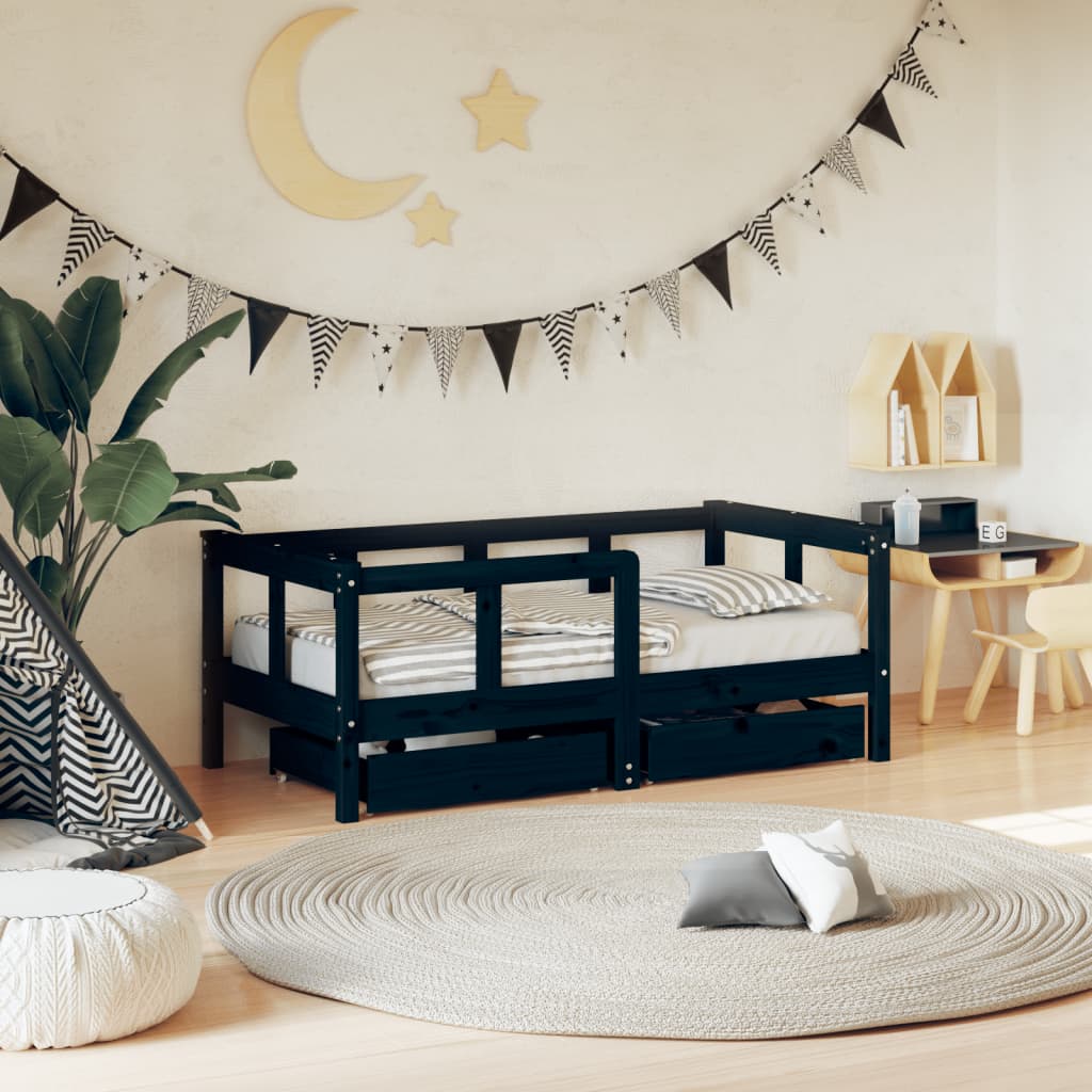 Vetonek Estructura de cama niños con cajones madera pino negro 70x140cm