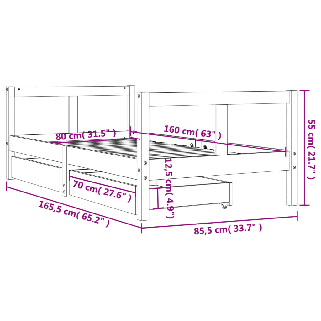 Children's bed structure and black pine boxes 80x160 cm