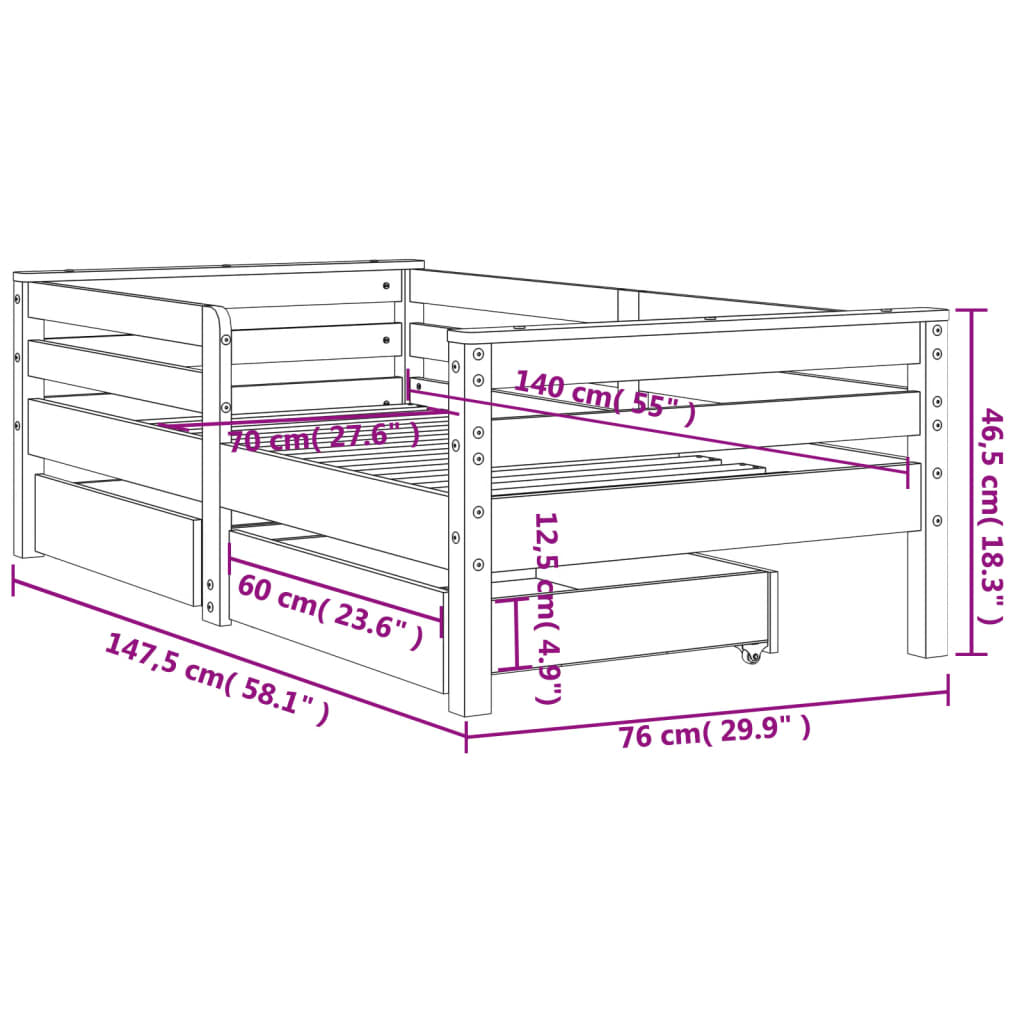 Struttura del letto bambini con cassetti di legno di pino bianco 70x140 cm