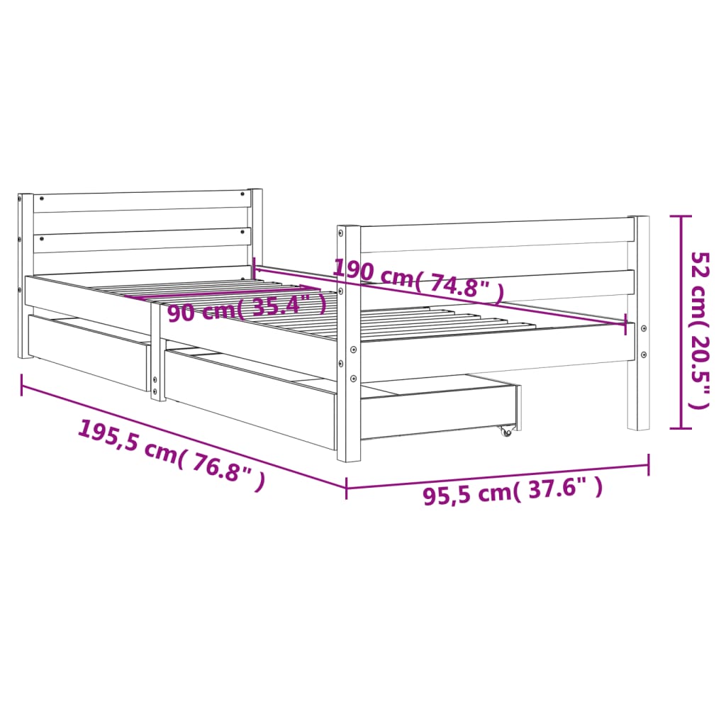 Children's bed structure and wooden drawers black 90x190 cm