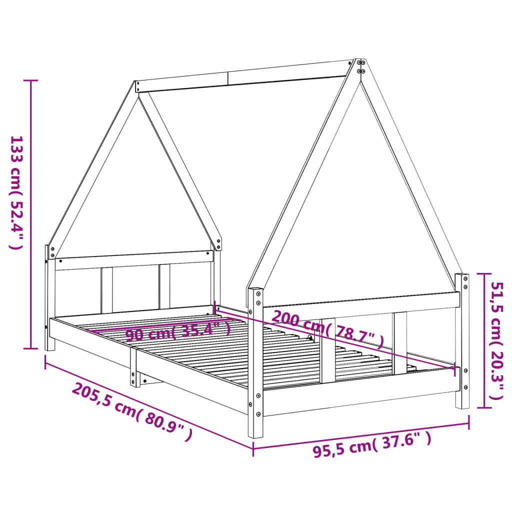 Bed Structure for White Pine Wood 90x200 cm