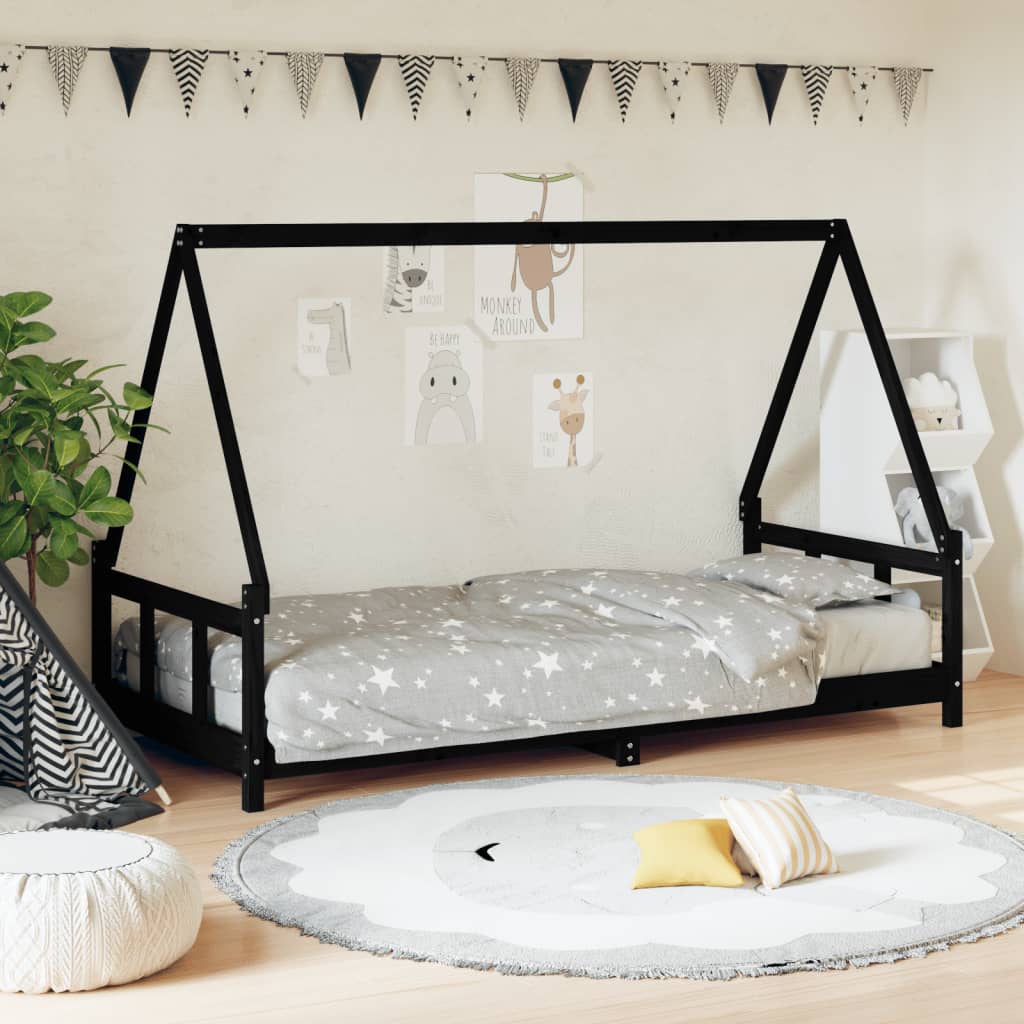 Vetonek Estructura de cama para niños madera de pino negro 90x200 cm