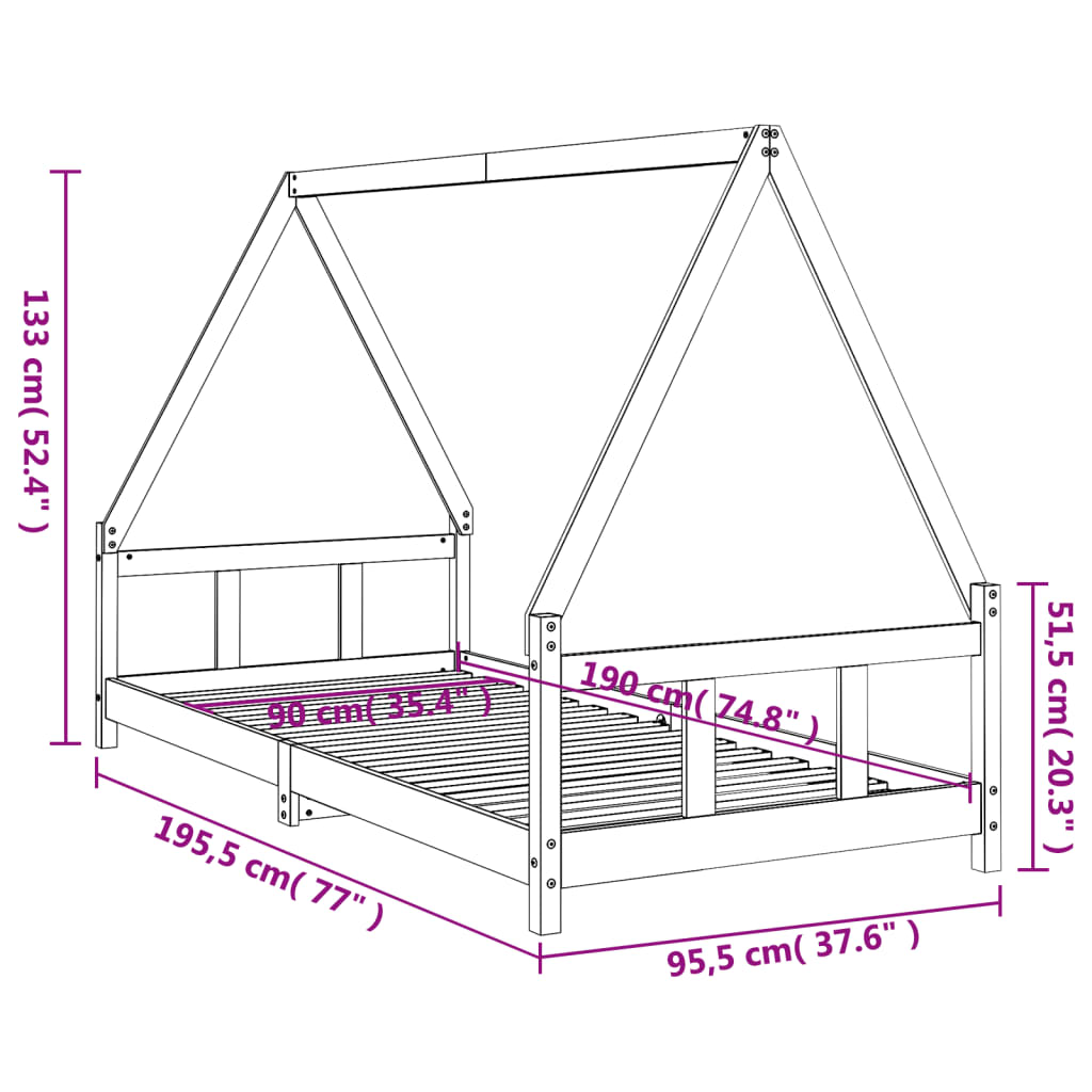 Bed Structure for White Pine Wood 90x190 cm