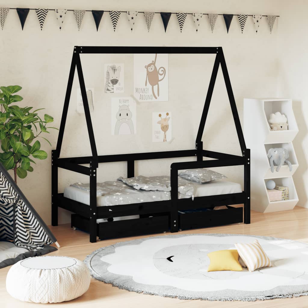 Vetonek Estructura de cama niños con cajones madera pino negro 70x140cm 