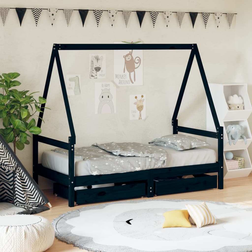 Vetonek Estructura cama infantil y cajones madera pino negro 80x160 cm