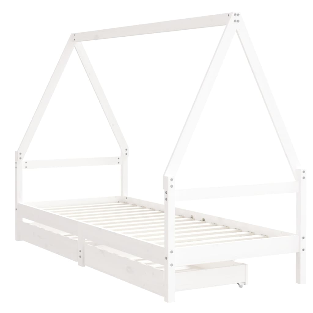 Estrutura de cama infantil e gavetas de madeira de pinheiro branco 90x190 cm