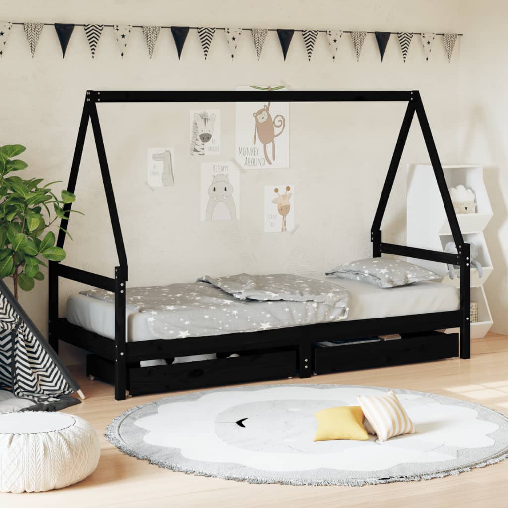 Vetonek Estructura cama infantil y cajones madera pino negro 90x190 cm