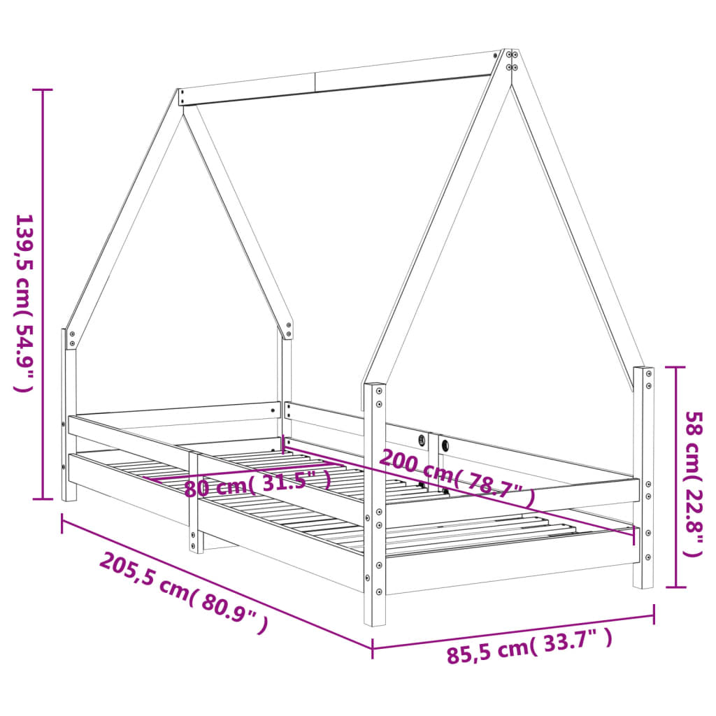 Struttura del letto in legno di pino nero 80x200 cm