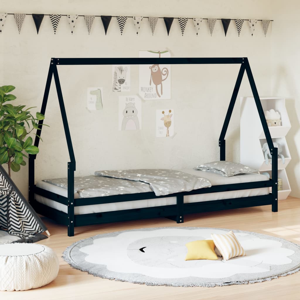 Vetonek Estructura de cama para niños madera de pino negro 90x200 cm