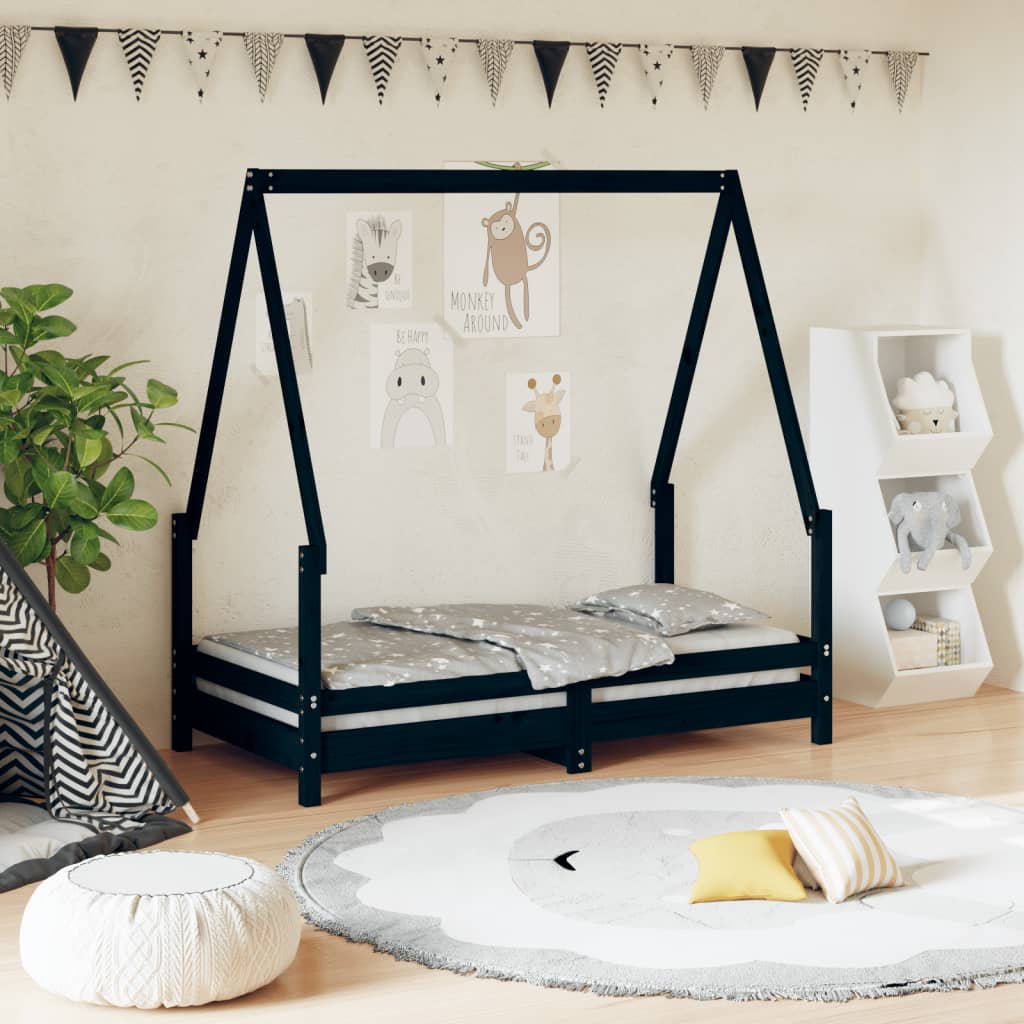 Vetonek Estructura de cama para niños madera de pino negro 70x140 cm