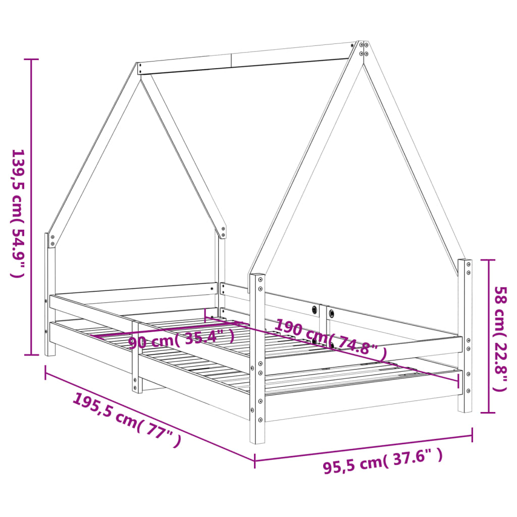 BLACK PINE WOOD BED STRUCTURE 90x190 cm