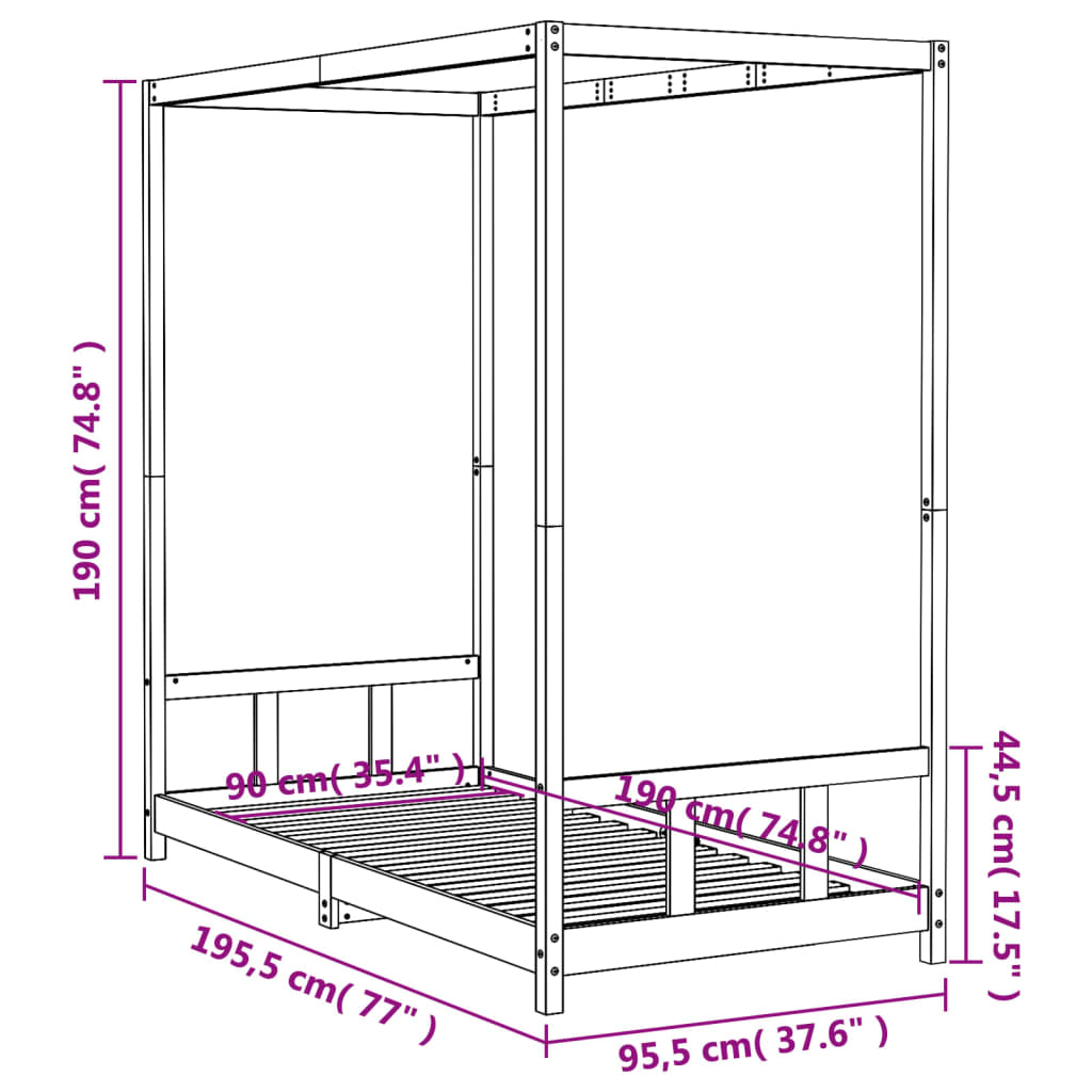 BLACK PINE WOOD BED STRUCTURE 90x190 cm