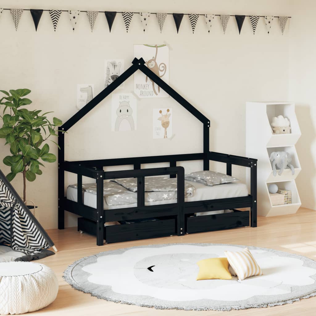 Vetonek Estructura de cama niños con cajones madera pino negro 70x140cm