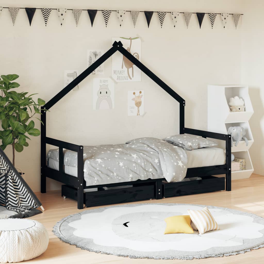 Vetonek Estructura cama infantil y cajones madera pino negro 80x160 cm