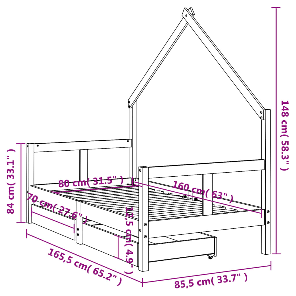 Children's bed structure and black pine boxes 80x160 cm