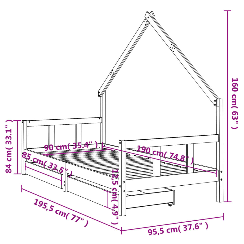 Estructura cama infantil y cajones madera pino blanco 90x190 cm vidaXL