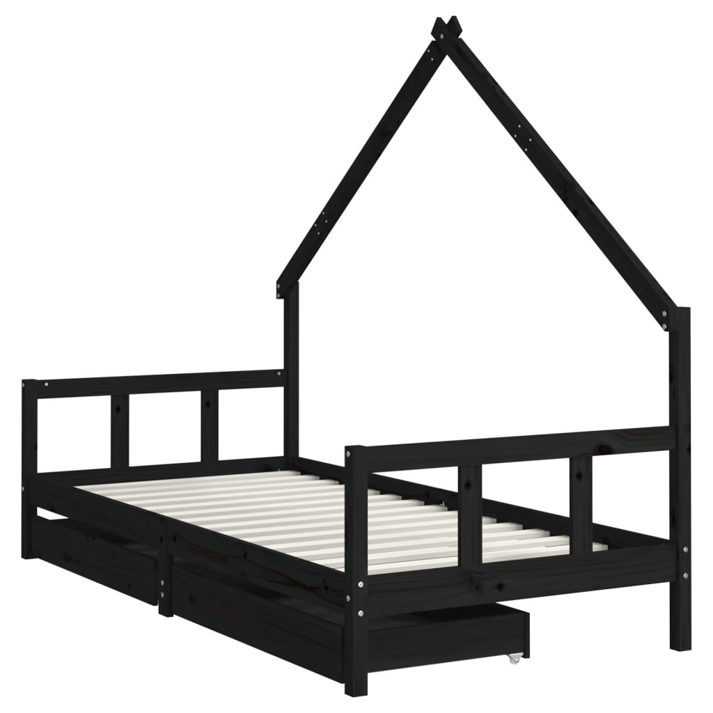 Children's bed structure and wooden drawers black 90x190 cm