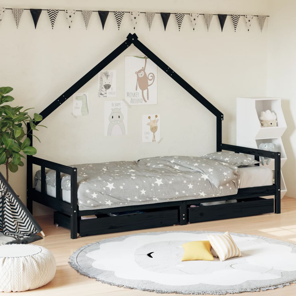 Vetonek Estructura cama infantil y cajones madera pino negro 90x190 cm