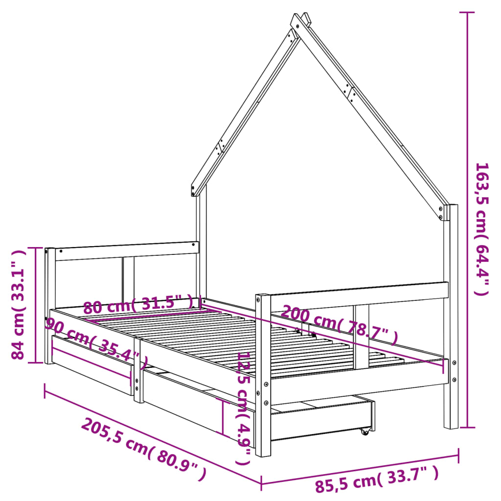 Estructura de cama niños con cajones madera pino negro 80x200cm vidaXL