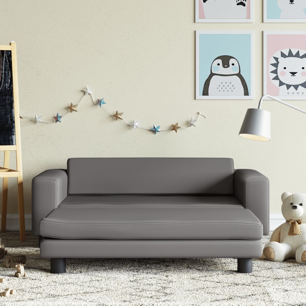 Vetonek Sofá para niños con reposapiés cuero sintético gris 100x50x30cm