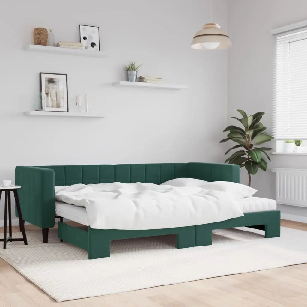 Vetonek Sofá cama nido con colchón terciopelo verde oscuro 80x200 cm