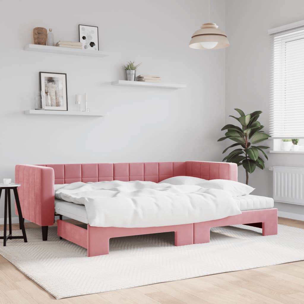 Vetonek Sofá cama nido con colchón terciopelo rosa 80x200 cm