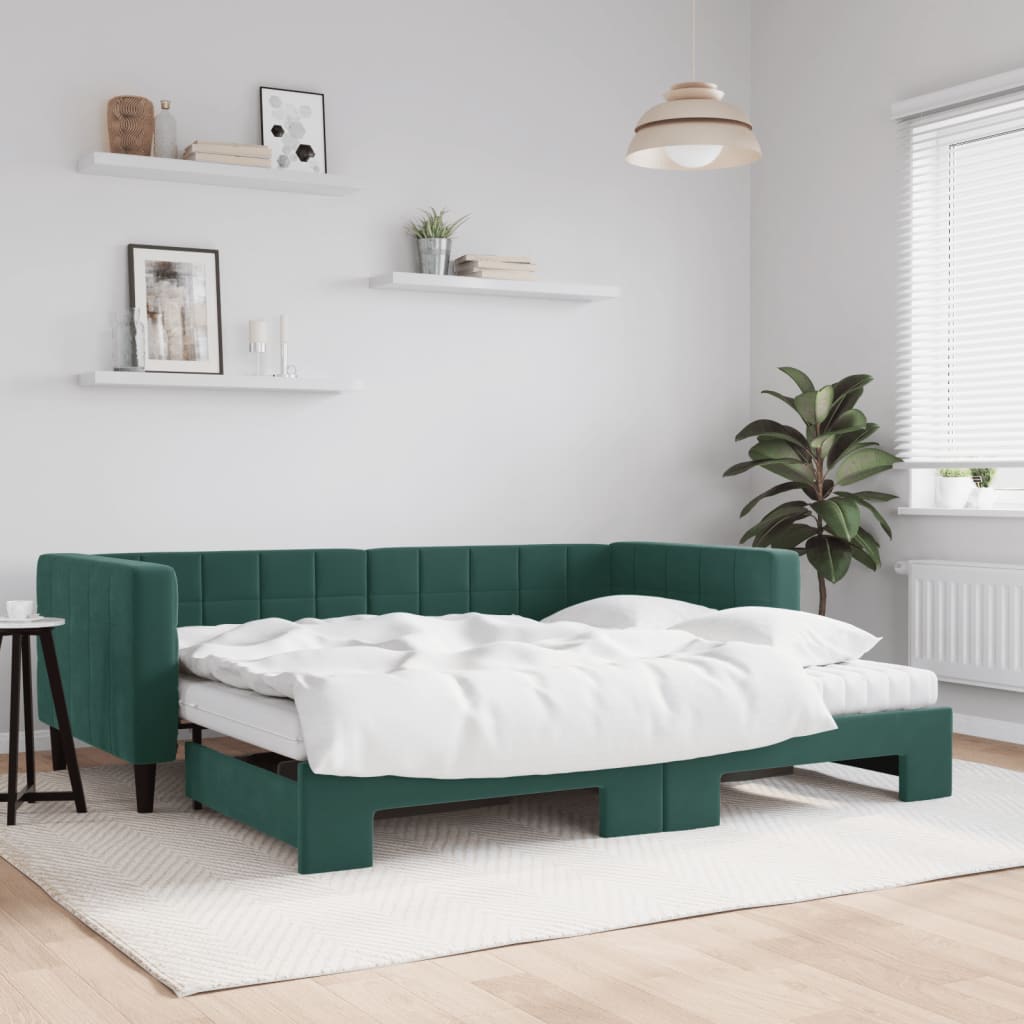 Vetonek Sofá cama nido con colchón terciopelo verde oscuro 90x200 cm