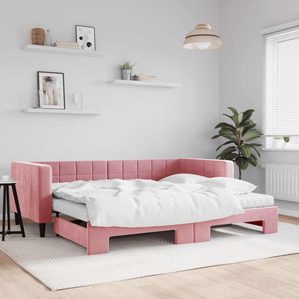 Vetonek Sofá cama nido con colchón terciopelo rosa 90x200 cm