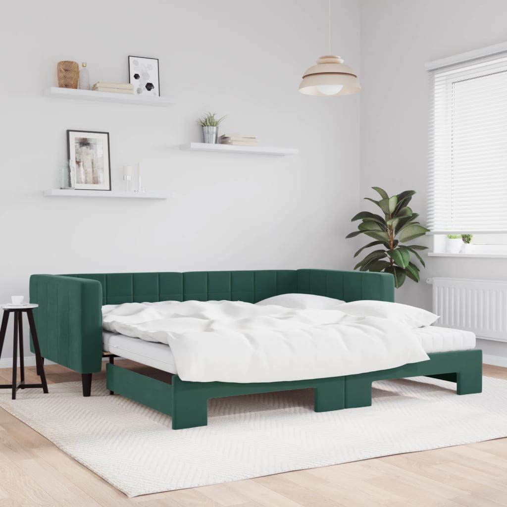 Vetonek Sofá cama nido con colchón terciopelo verde oscuro 100x200 cm