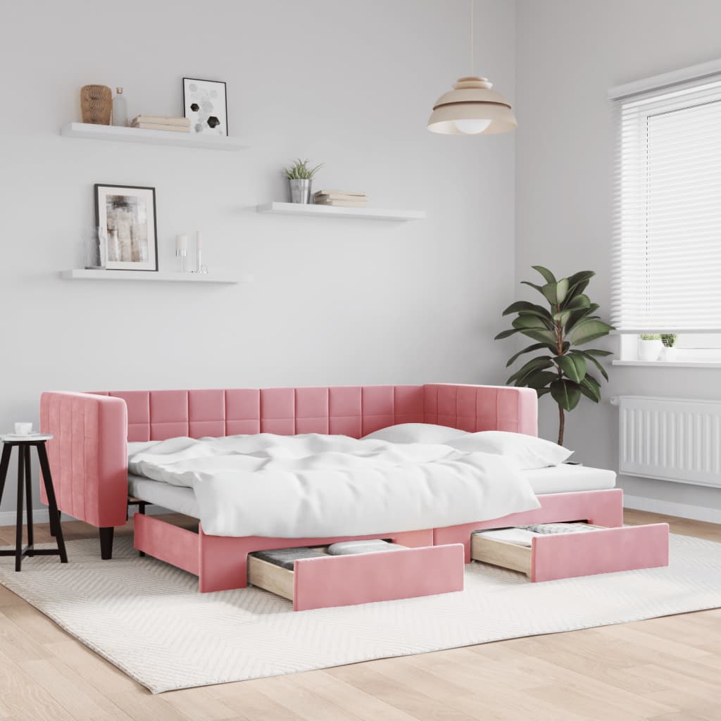 Vetonek Sofá cama nido con cajones terciopelo rosa 80x200 cm