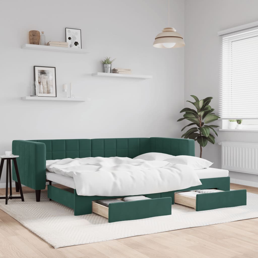 Vetonek Sofá cama nido con cajones terciopelo verde oscuro 90x200 cm