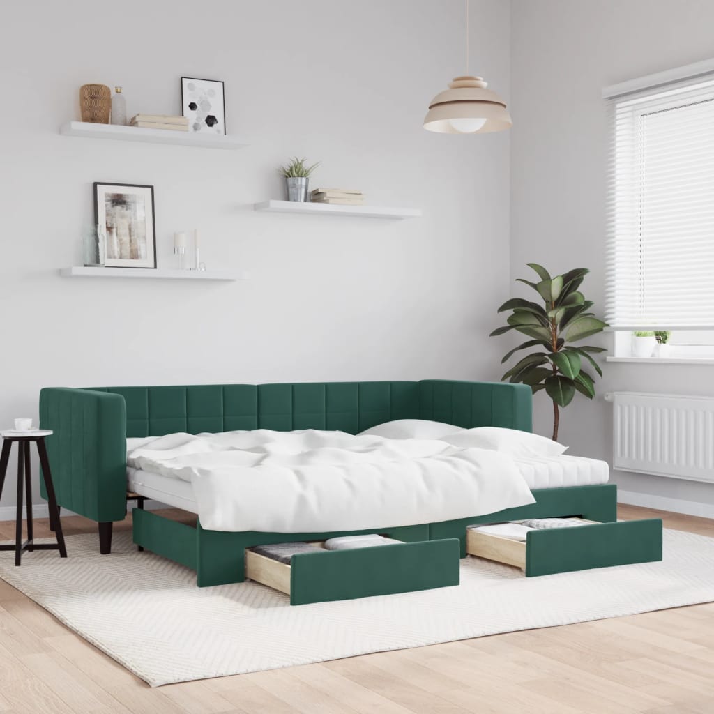 Vetonek Sofá cama nido con cajones terciopelo verde oscuro 80x200 cm