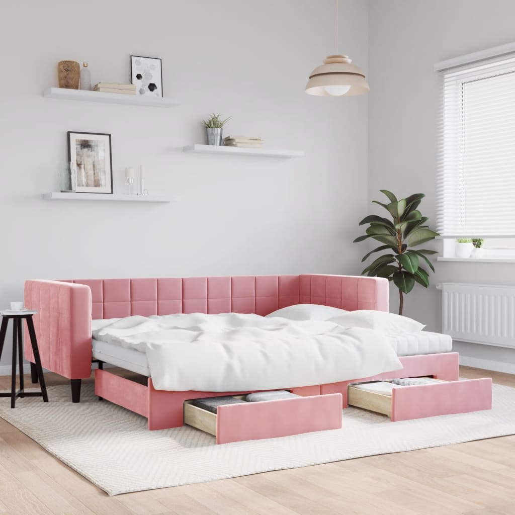 Vetonek Sofá cama nido con cajones terciopelo rosa 90x200 cm