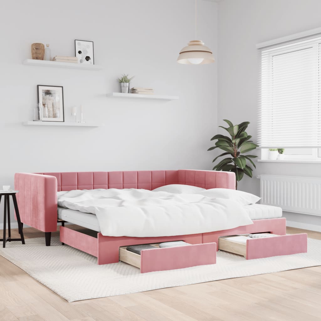 Vetonek Sofá cama nido con cajones terciopelo rosa 100x200 cm