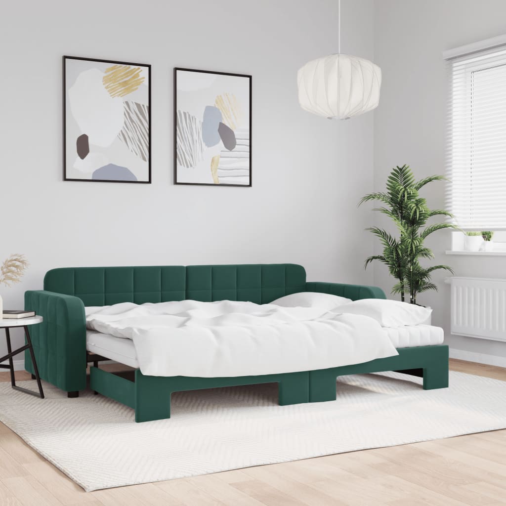 Vetonek Sofá cama nido con colchón terciopelo verde oscuro 80x200 cm