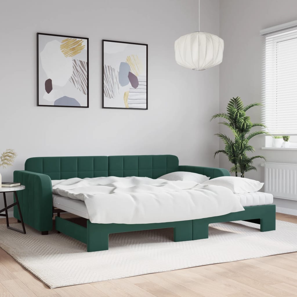 Vetonek Sofá cama nido con colchón terciopelo verde oscuro 90x200 cm