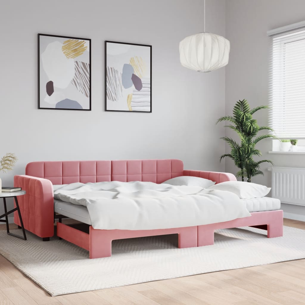 Vetonek Sofá cama nido con colchón terciopelo rosa 90x200 cm