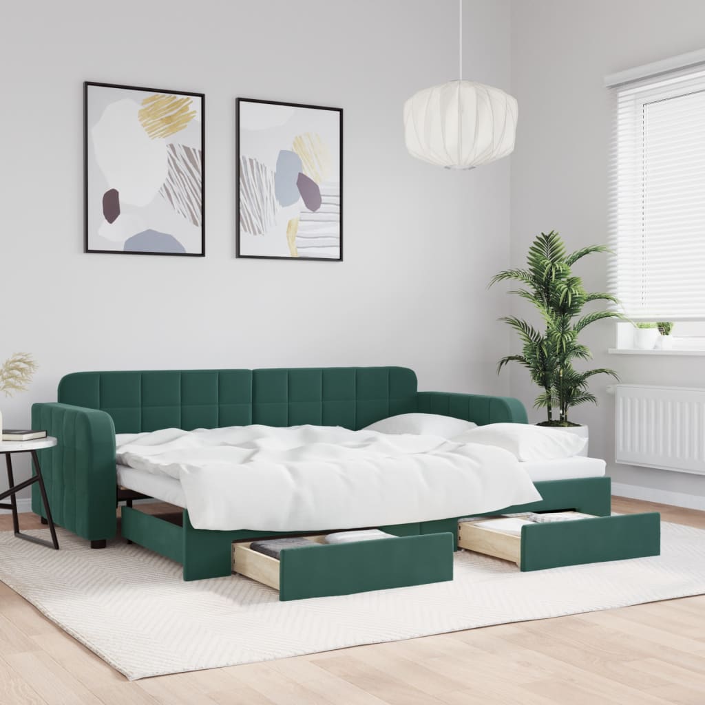 Vetonek Sofá cama nido con cajones terciopelo verde oscuro 80x200 cm