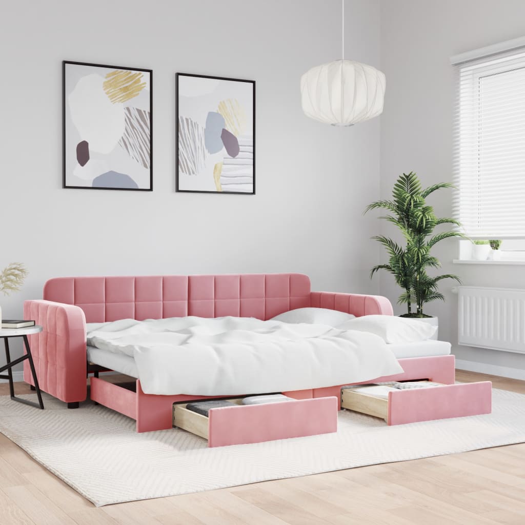 Vetonek Sofá cama nido con cajones terciopelo rosa 80x200 cm