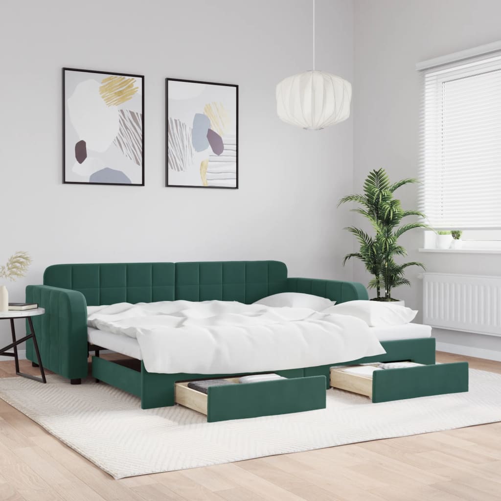 Vetonek Sofá cama nido con cajones terciopelo verde oscuro 90x200 cm