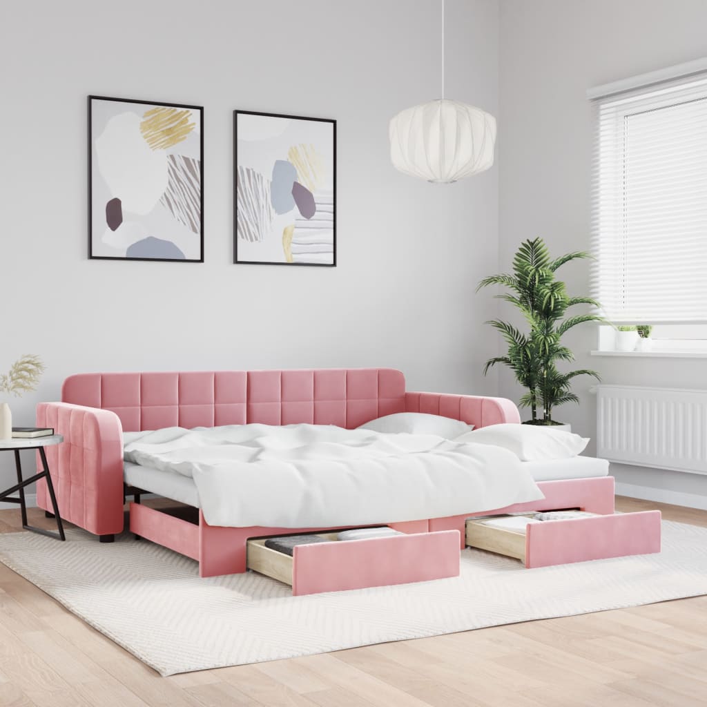 Vetonek Sofá cama nido con cajones terciopelo rosa 90x200 cm