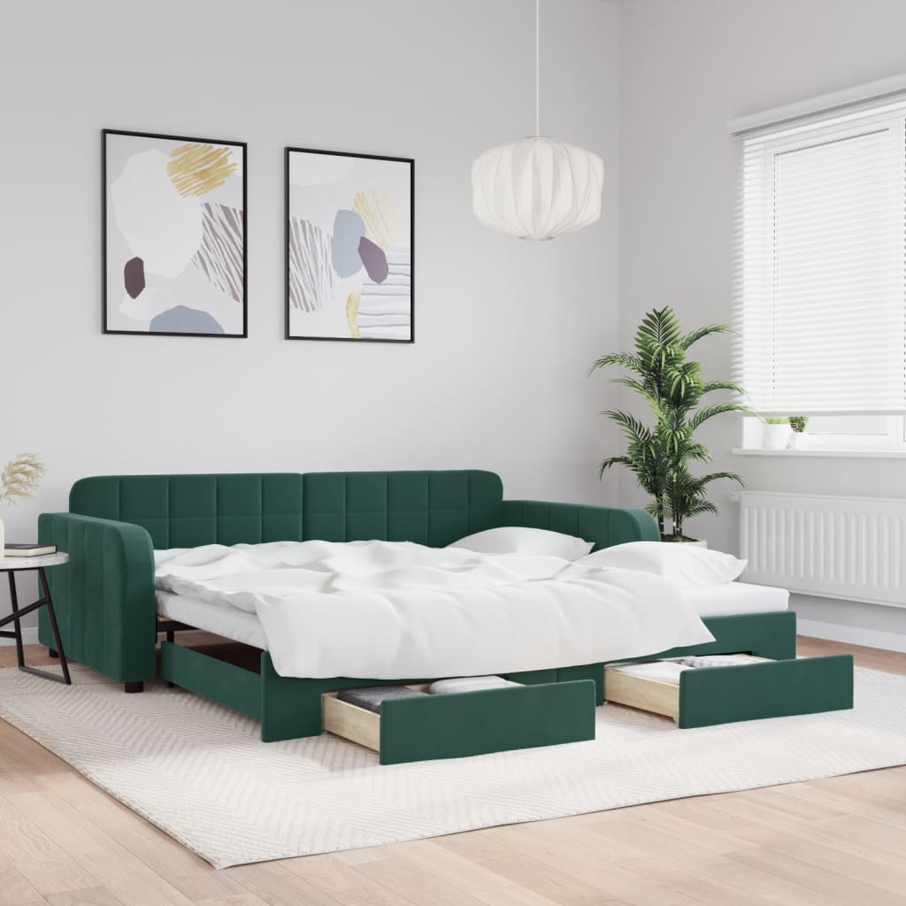 Vetonek Sofá cama nido con cajones terciopelo verde oscuro 100x200 cm