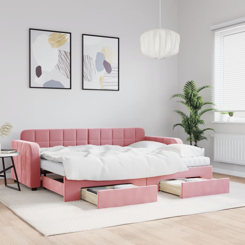 Vetonek Sofá cama nido con cajones terciopelo rosa 80x200 cm