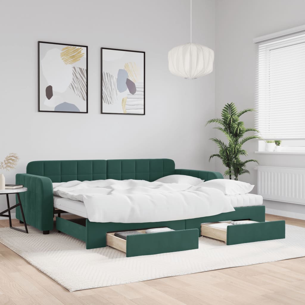 Vetonek Sofá cama nido con cajones terciopelo verde oscuro 90x200 cm