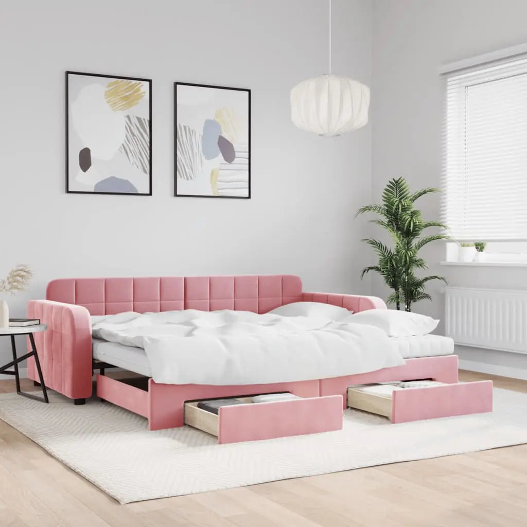 Vetonek Sofá cama nido con cajones terciopelo rosa 90x200 cm