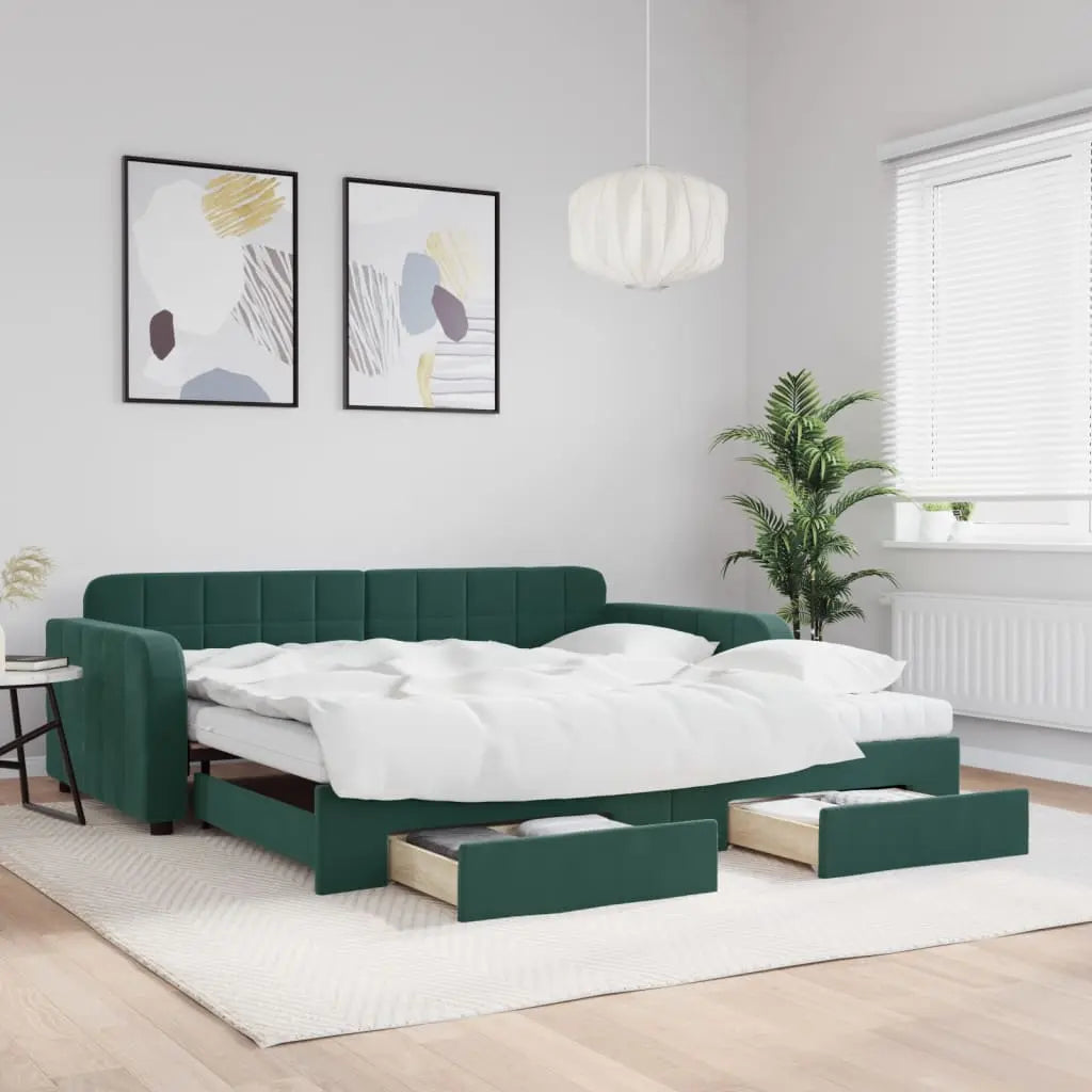 Vetonek Sofá cama nido con cajones terciopelo verde oscuro 100x200 cm