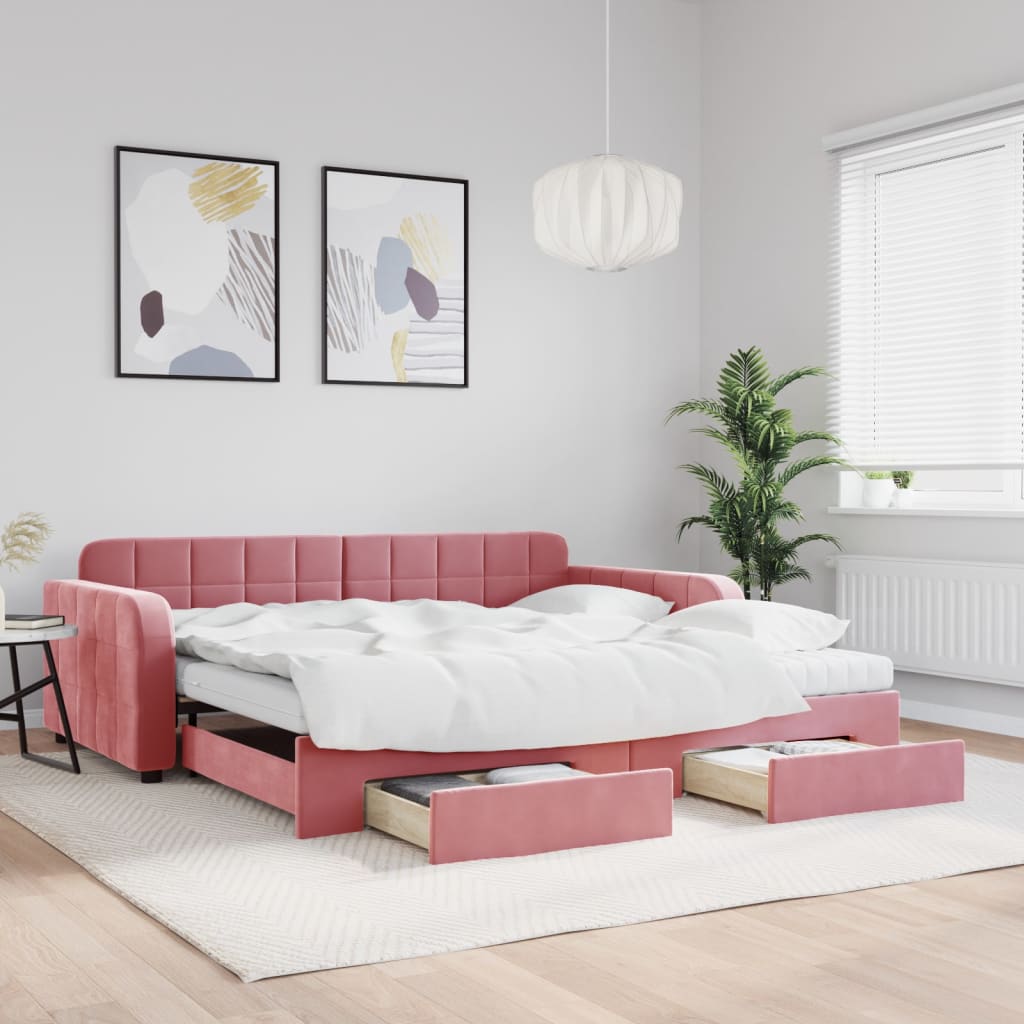 Vetonek Sofá cama nido con cajones terciopelo rosa 100x200 cm